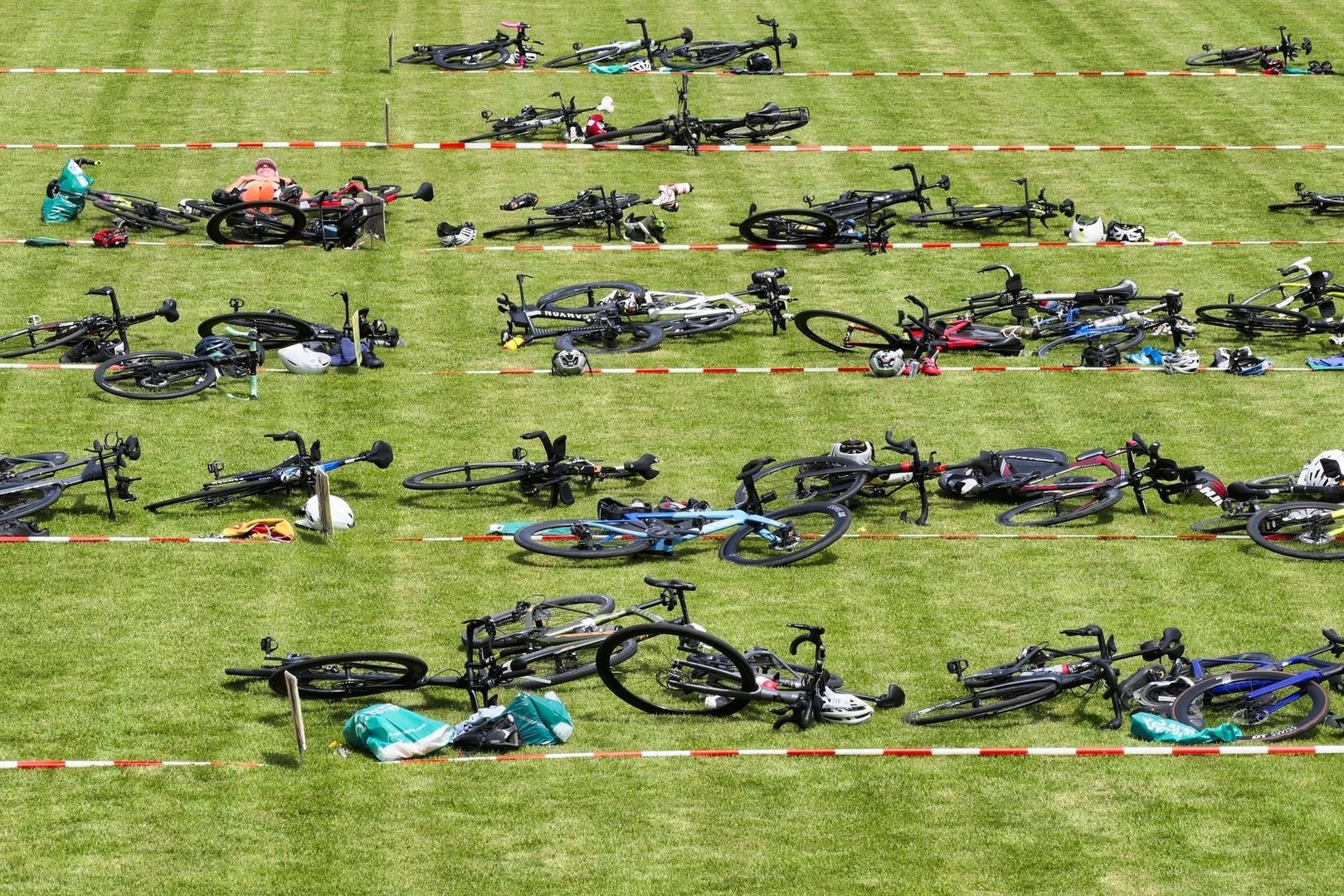 Zahlreiche Fahrräder liegen in Reihen auf dem Rasen einer Wechselzone